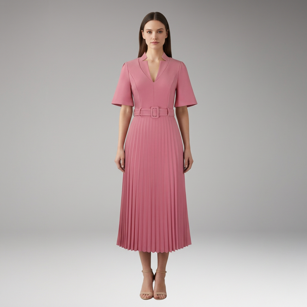 Women's Knee-Length Pleated Dress with High Waist and V-Neck