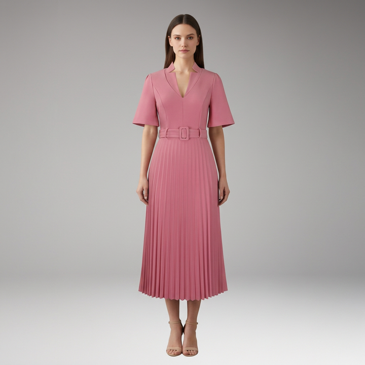 Women's Knee-Length Pleated Dress with High Waist and V-Neck