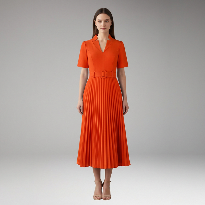 Women's Knee-Length Pleated Dress with High Waist and V-Neck