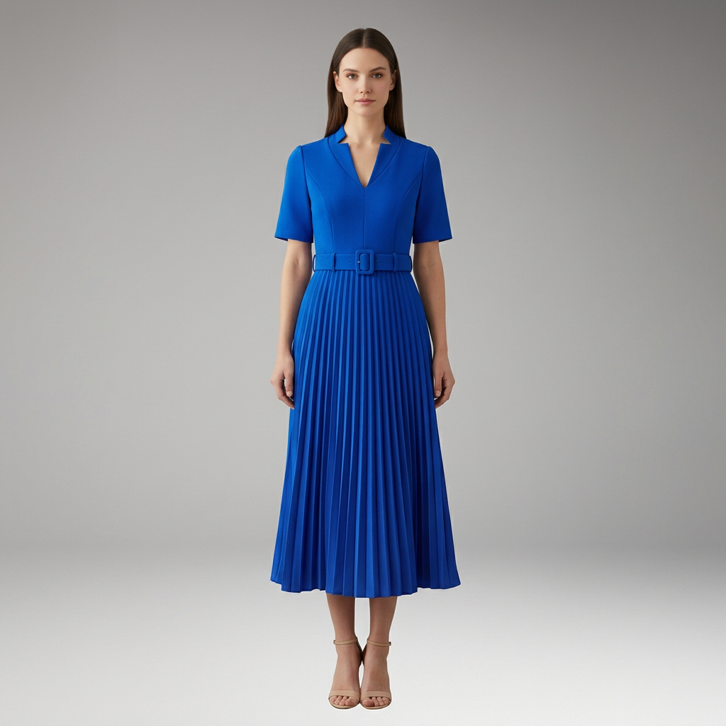 Women's Knee-Length Pleated Dress with High Waist and V-Neck