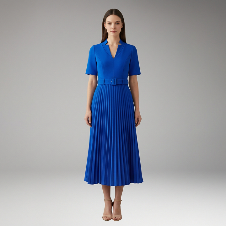 Women's Knee-Length Pleated Dress with High Waist and V-Neck