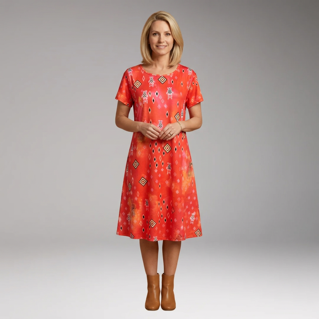 Women's Boho Midi Dress with Short Sleeves and Geometric Floral Print