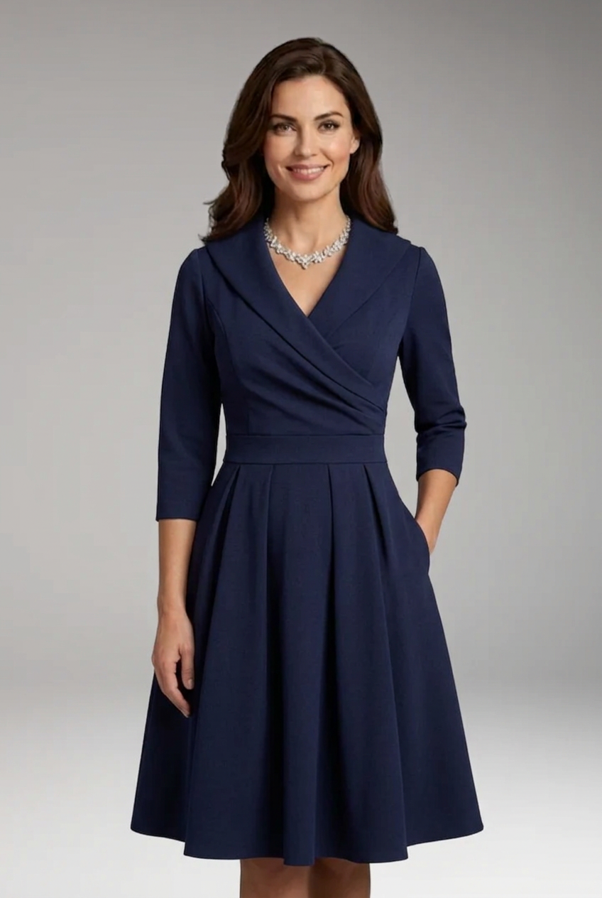 Women's Midi Dress with V-Neck and Flared Skirt