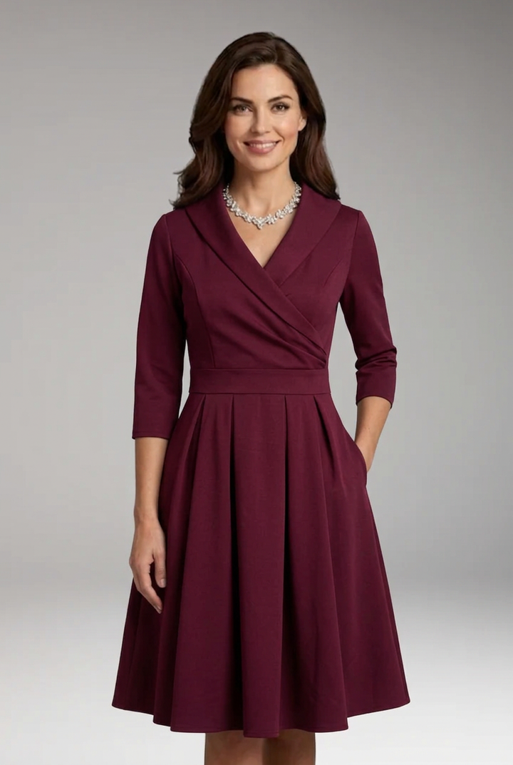 Women's Midi Dress with V-Neck and Flared Skirt
