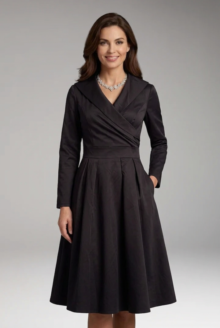Women's Midi Dress with V-Neck and Flared Skirt
