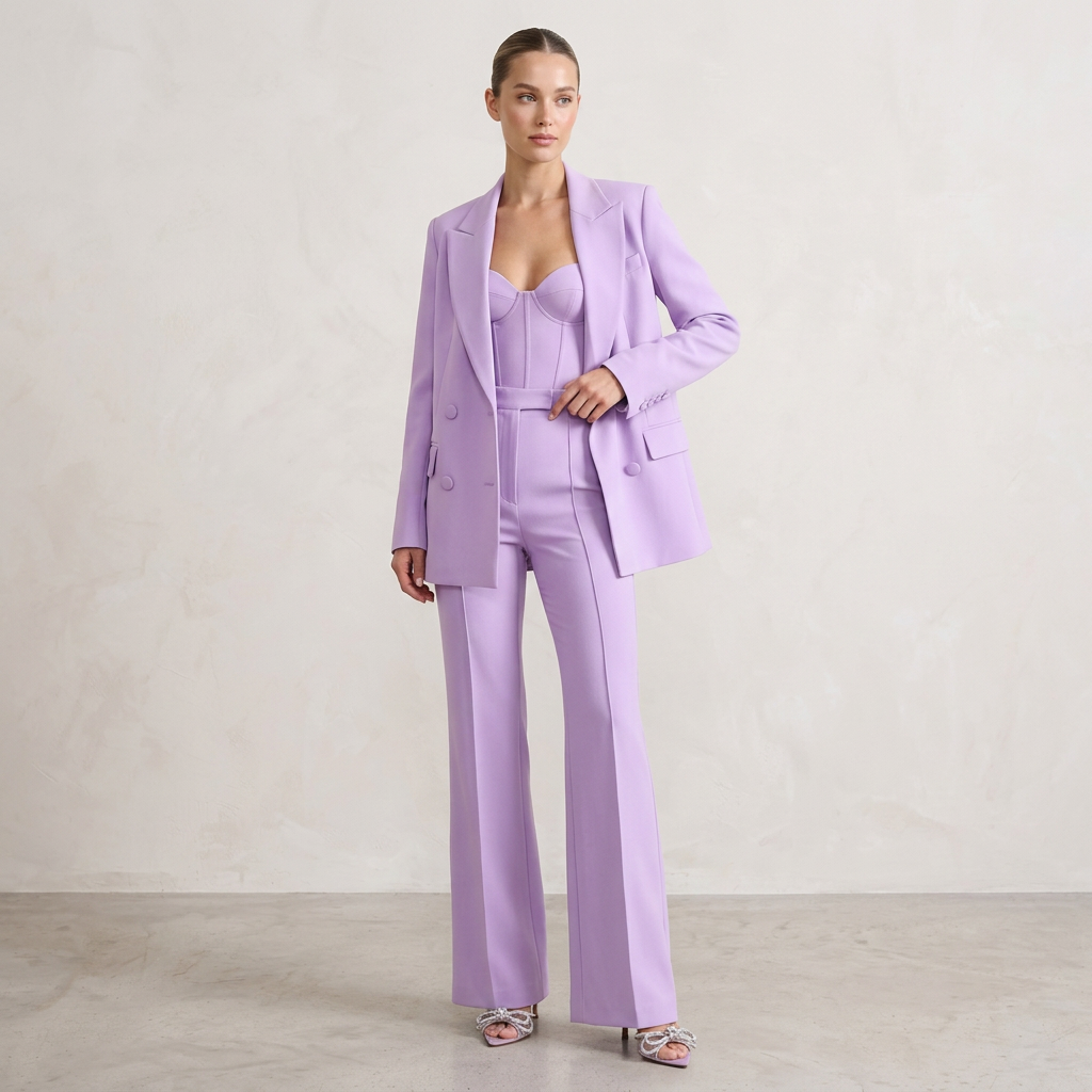 Women's Three-Piece Suit Set with Blazer Corset Top and Flared Trousers