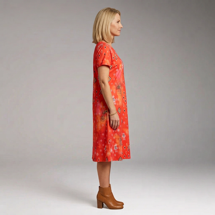 Women's Boho Midi Dress with Short Sleeves and Geometric Floral Print