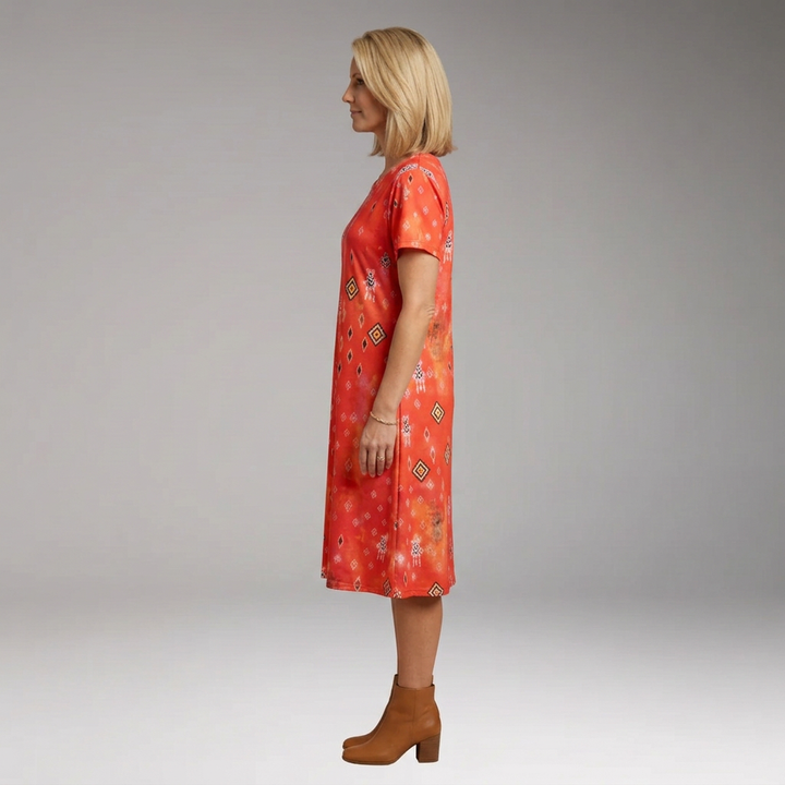 Women's Boho Midi Dress with Short Sleeves and Geometric Floral Print
