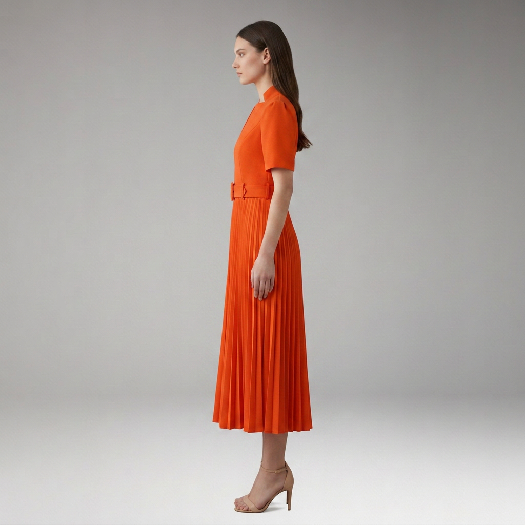 Women's Knee-Length Pleated Dress with High Waist and V-Neck
