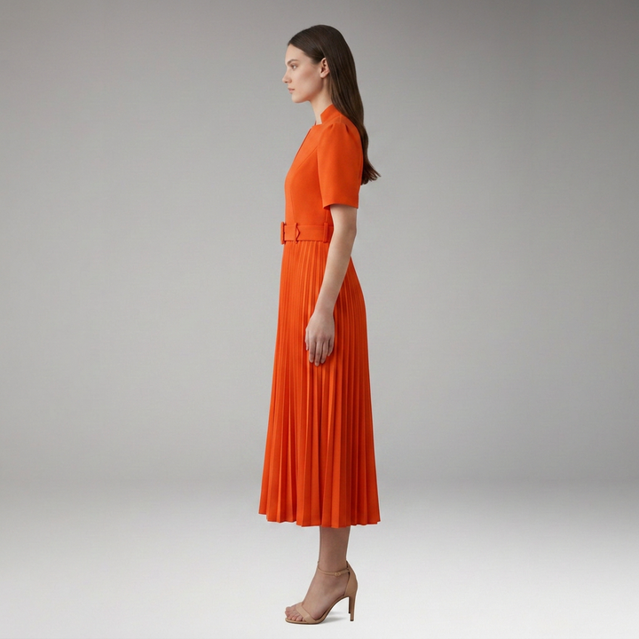 Women's Knee-Length Pleated Dress with High Waist and V-Neck