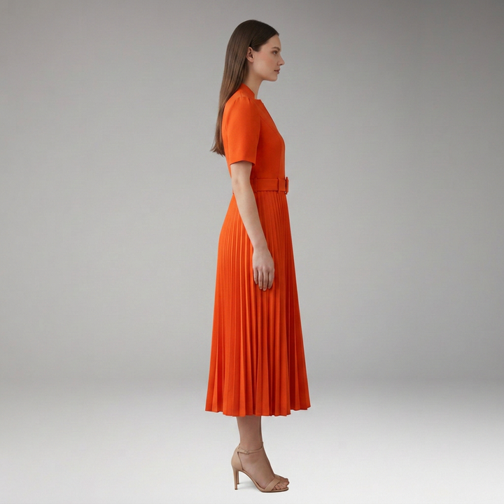 Women's Knee-Length Pleated Dress with High Waist and V-Neck