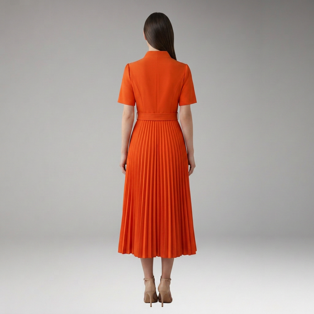 Women's Knee-Length Pleated Dress with High Waist and V-Neck
