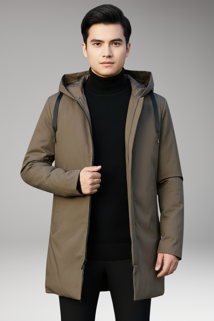 Men's Winter Parka with Hood and Zipper Closure
