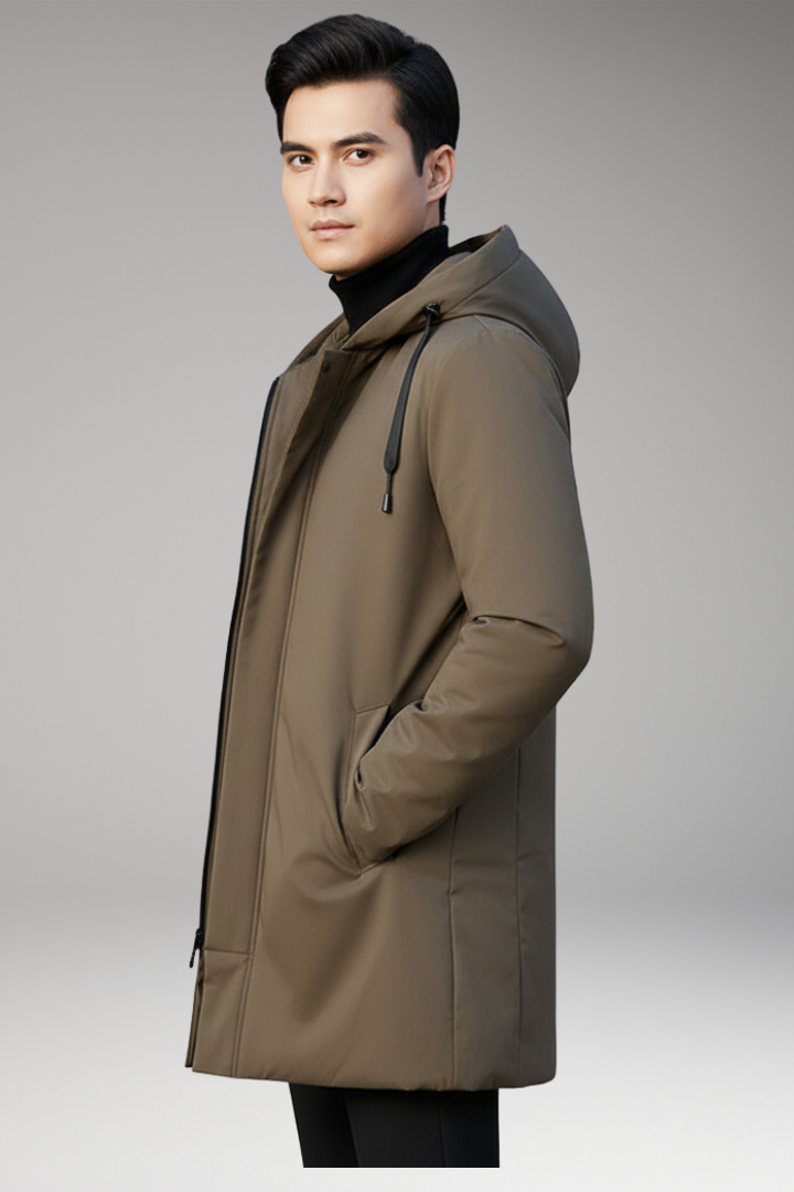 Men's Winter Parka with Hood and Zipper Closure