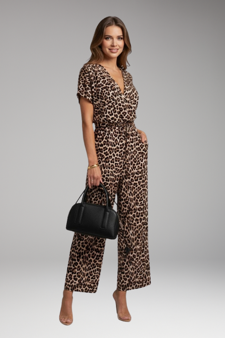 Women Printed Jumpsuit with Short Sleeve and Wide Legs