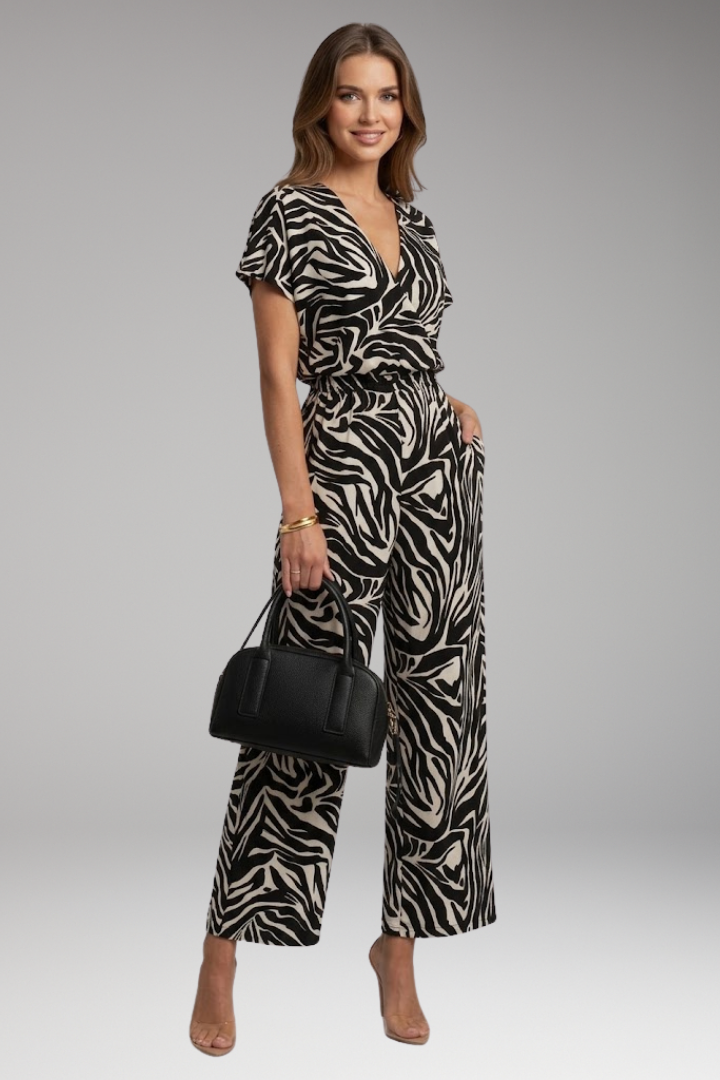 Women Printed Jumpsuit with Short Sleeve and Wide Legs