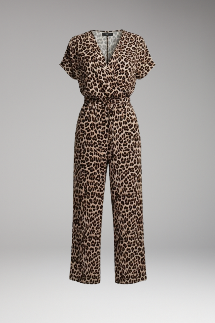 Women Printed Jumpsuit with Short Sleeve and Wide Legs