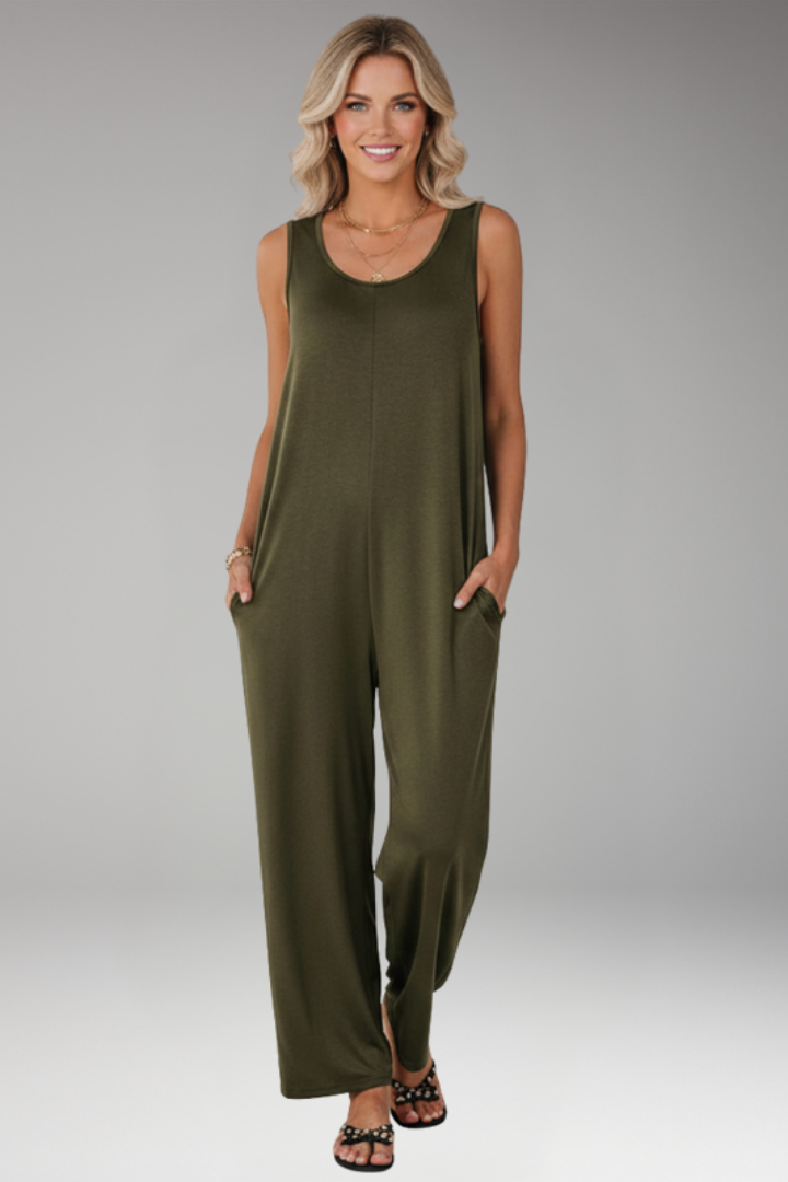Women Sleeveless Jumpsuit with Round Neck and Wide Legs