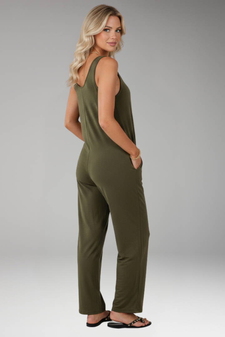 Women Sleeveless Jumpsuit with Round Neck and Wide Legs
