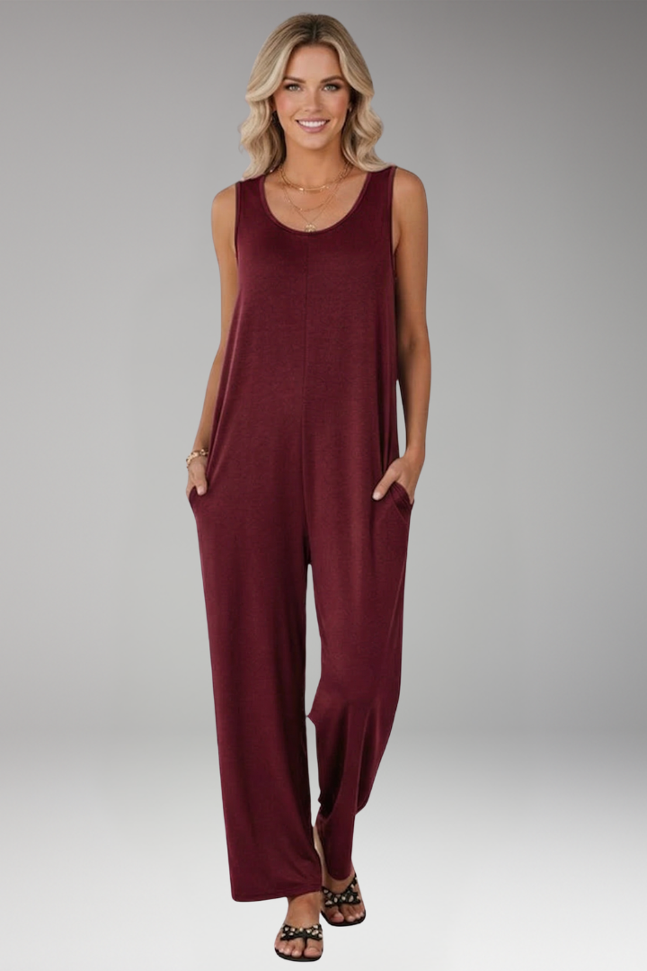 Women Sleeveless Jumpsuit with Round Neck and Wide Legs