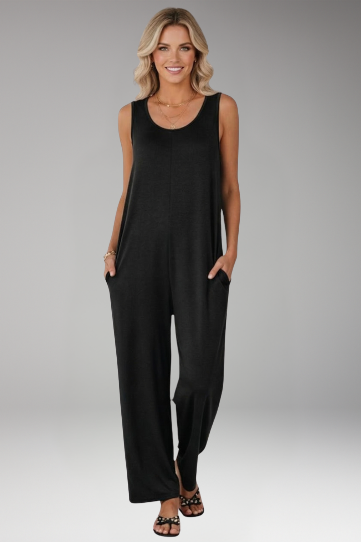 Women Sleeveless Jumpsuit with Round Neck and Wide Legs
