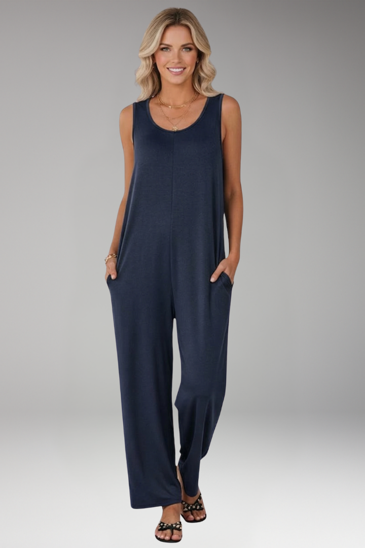 Women Sleeveless Jumpsuit with Round Neck and Wide Legs