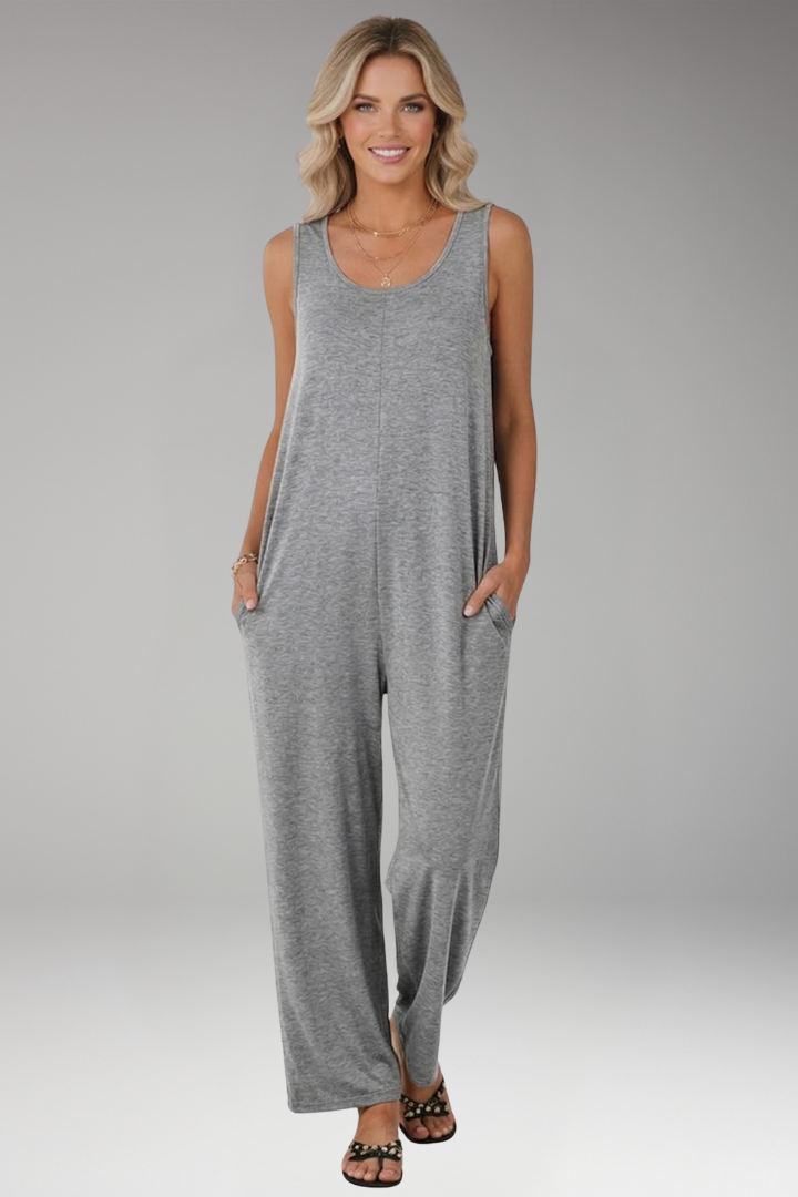 Women Sleeveless Jumpsuit with Round Neck and Wide Legs