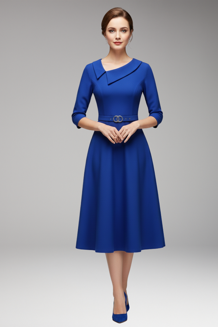 Women's 3/4 Sleeve Festive Dress with Asymmetrical Neckline and Belt