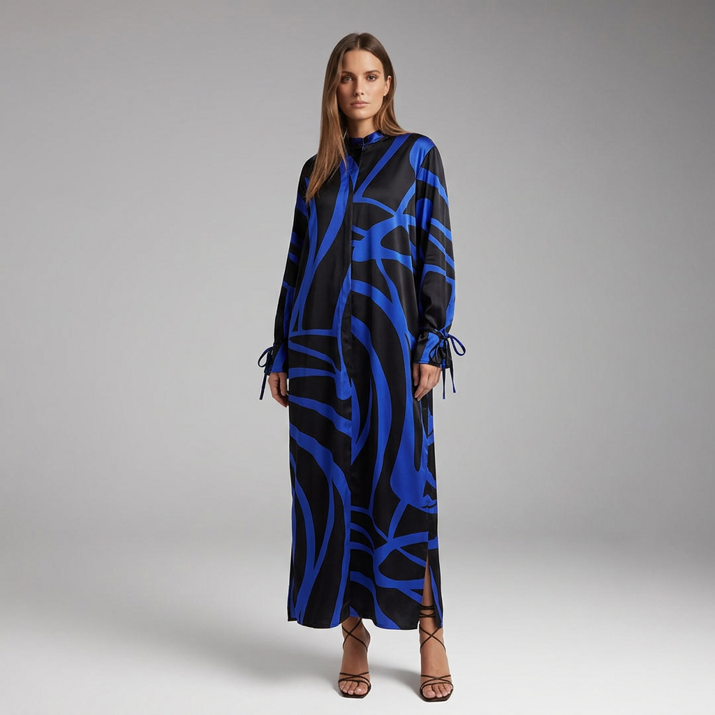 Women's Abstract Print Maxi Dress | Long-Sleeve Flowing Silhouette