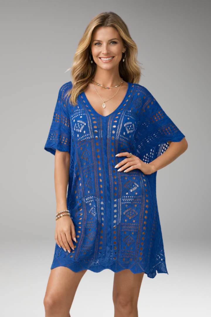 Women's boho open-knit crochet beach cover-up dress sheer construction Vacation