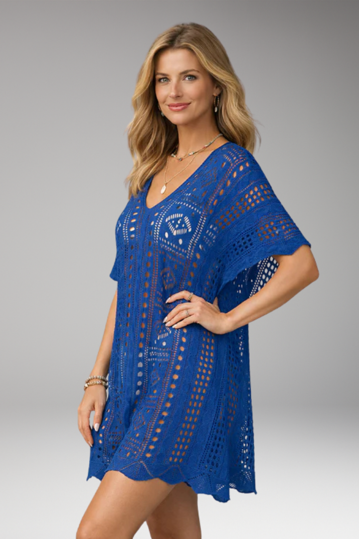 Women's boho open-knit crochet beach cover-up dress sheer construction Vacation