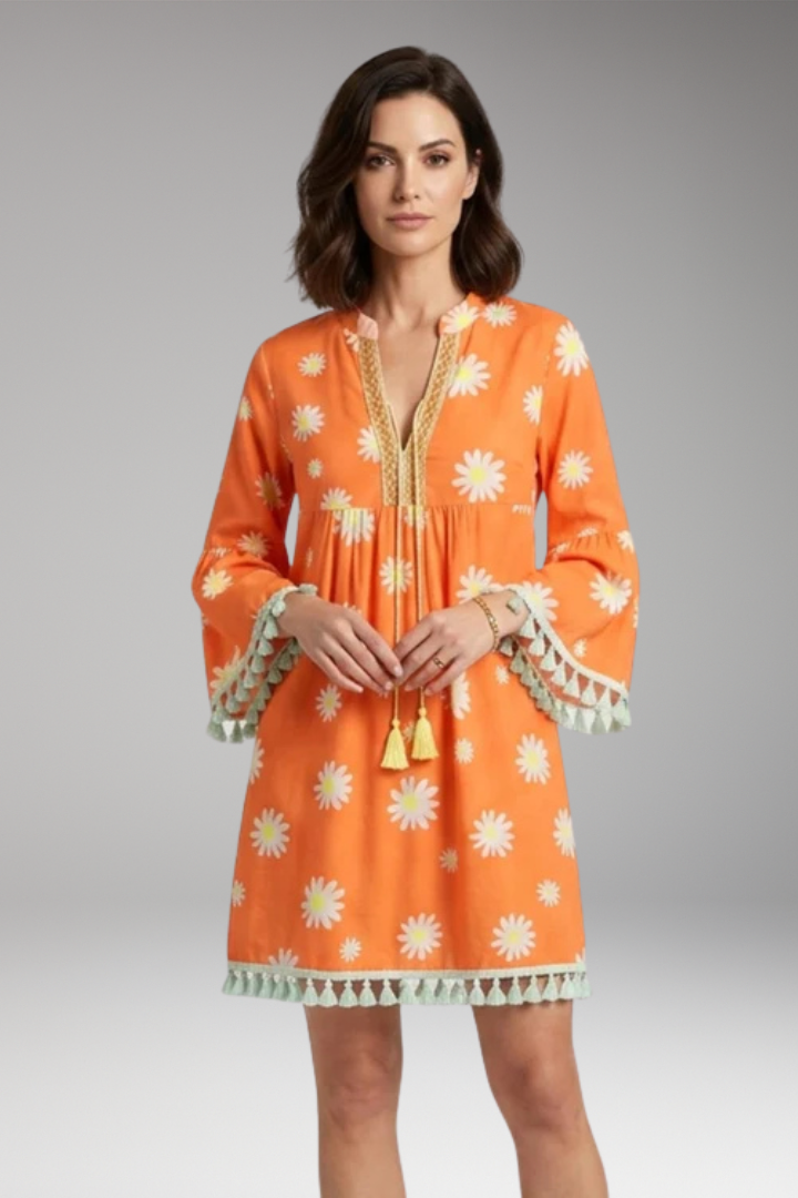 Women's Beach Dress with V'Neck and Tassel Embellishments