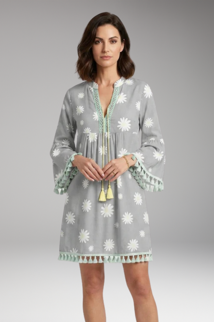 Women's Beach Dress with V'Neck and Tassel Embellishments