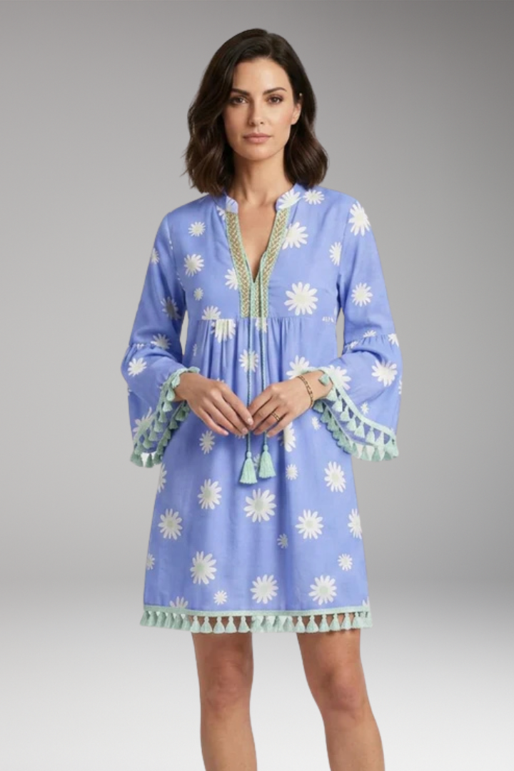 Women's Beach Dress with V'Neck and Tassel Embellishments