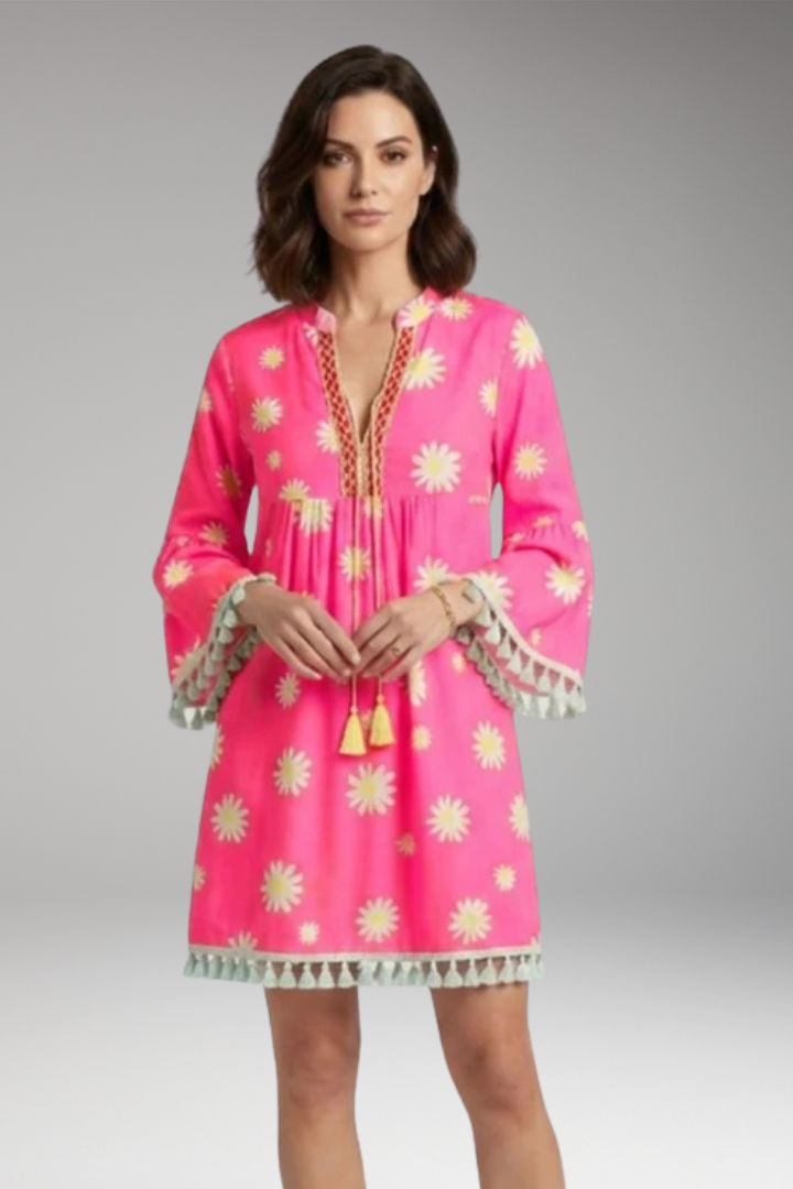 Women's Beach Dress with V'Neck and Tassel Embellishments