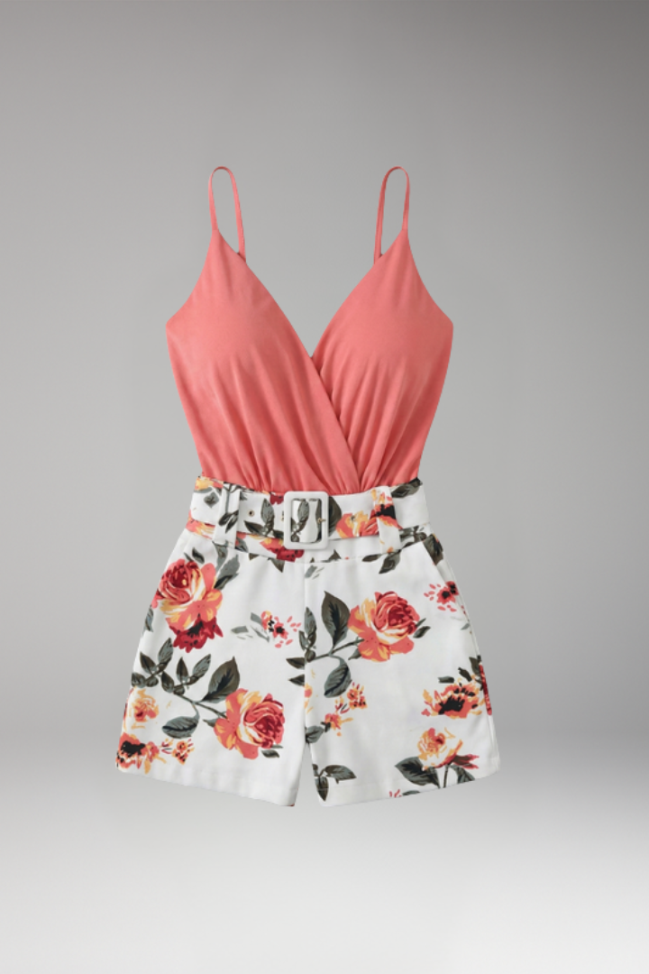 Women's Belted Romper with Wrap Front Neckline for Summer Wear