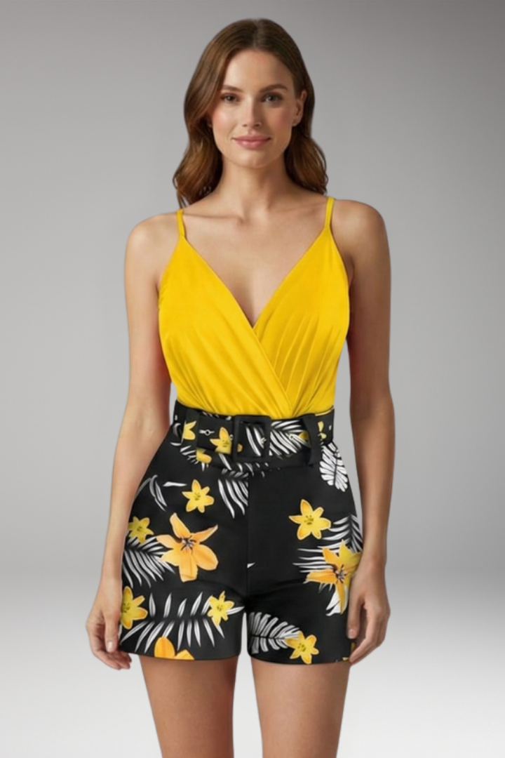 Women's Belted Romper with Wrap Front Neckline for Summer Wear