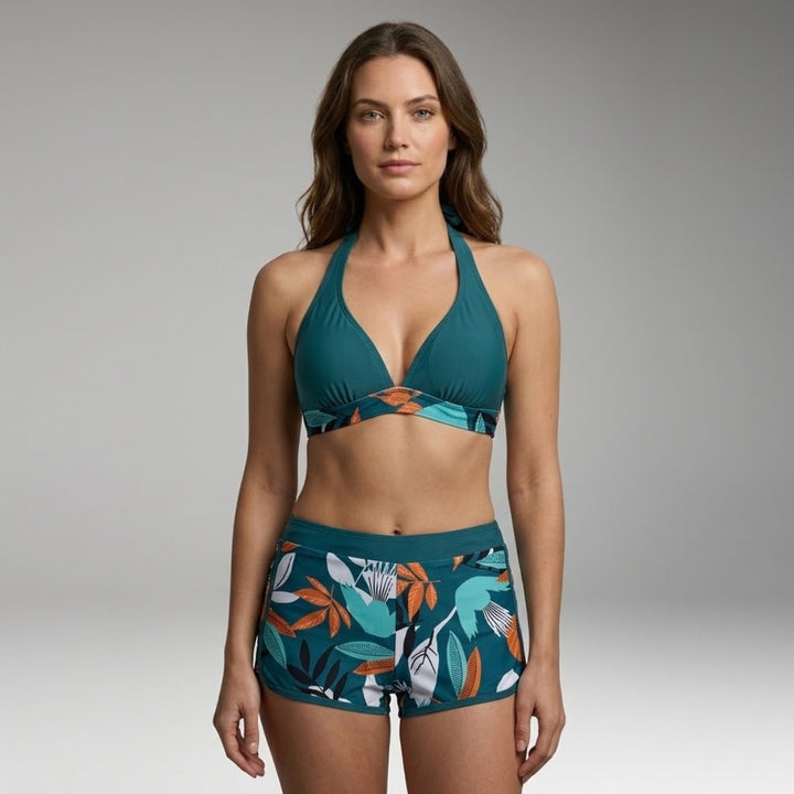 Women's Bikini Set with Adjustable Tie Top and Floral High-Waisted Shorts