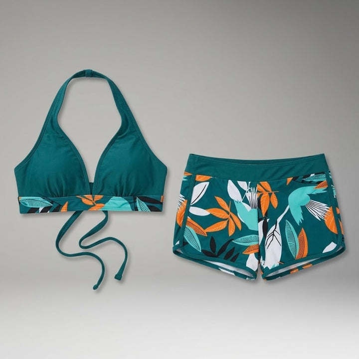 Women's Bikini Set with Adjustable Tie Top and Floral High-Waisted Shorts