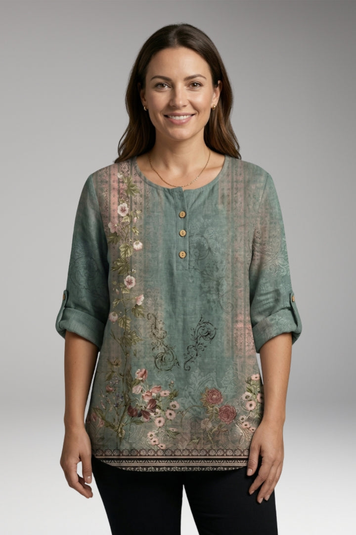 Women's Blouse with Round Neck and Button Detail