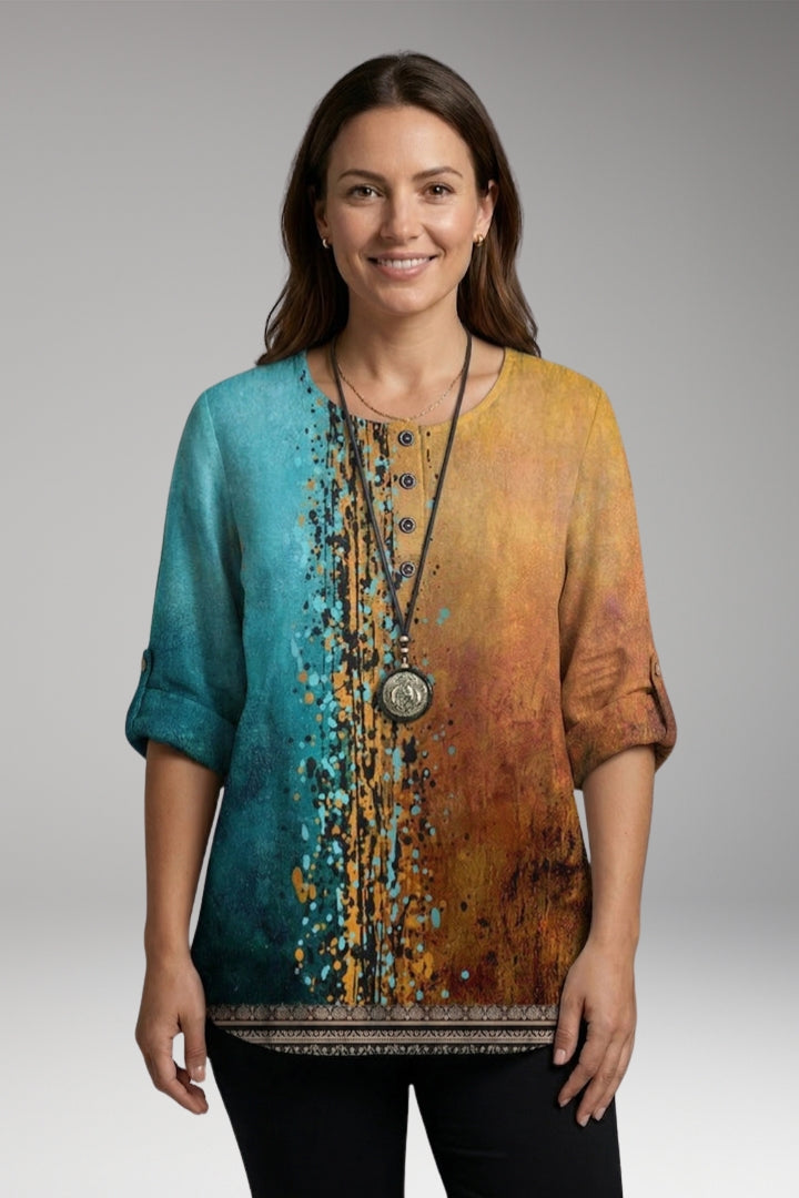Women's Blouse with Round Neck and Button Detail