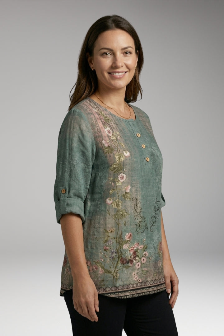Women's Blouse with Round Neck and Button Detail