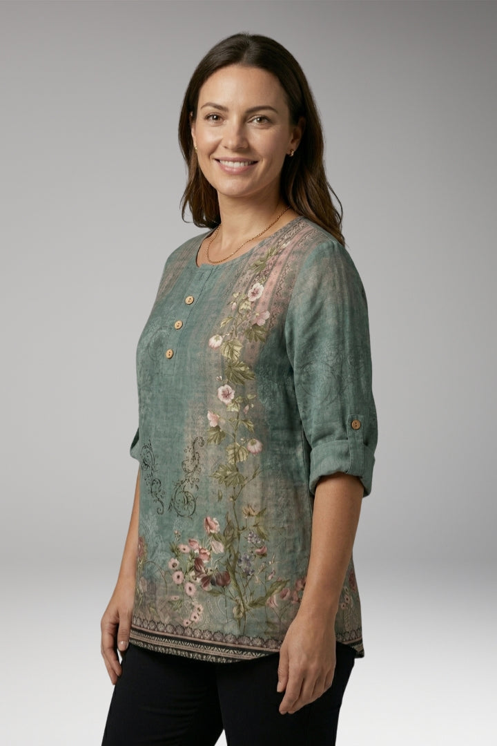 Women's Blouse with Round Neck and Button Detail