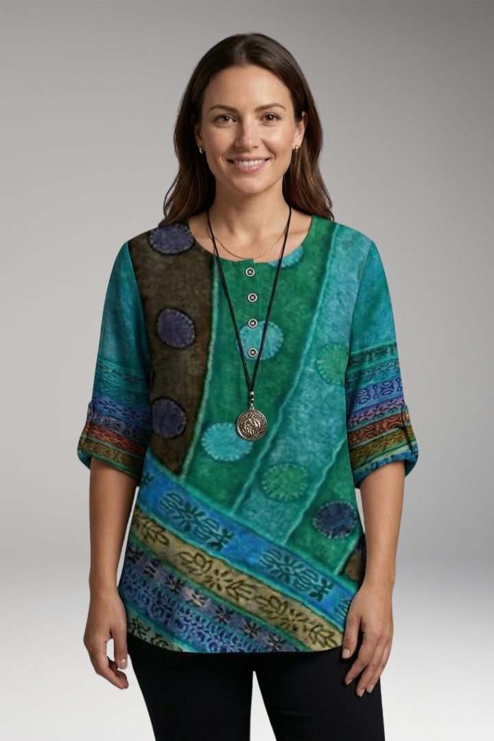 Women's Blouse with Round Neck and Button Detail