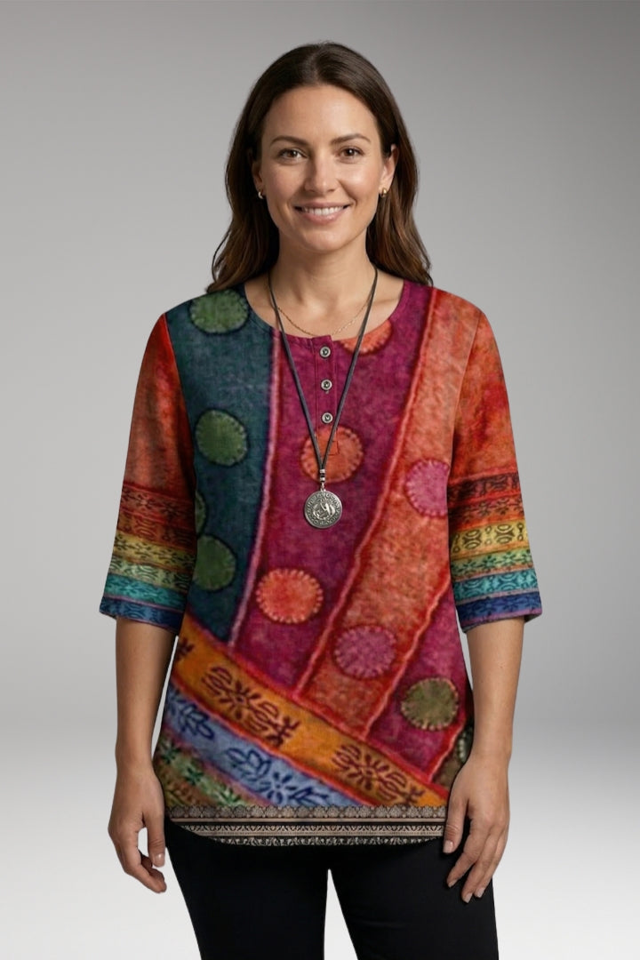 Women's Blouse with Round Neck and Button Detail