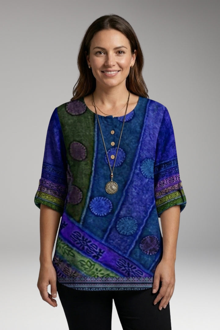 Women's Blouse with Round Neck and Button Detail