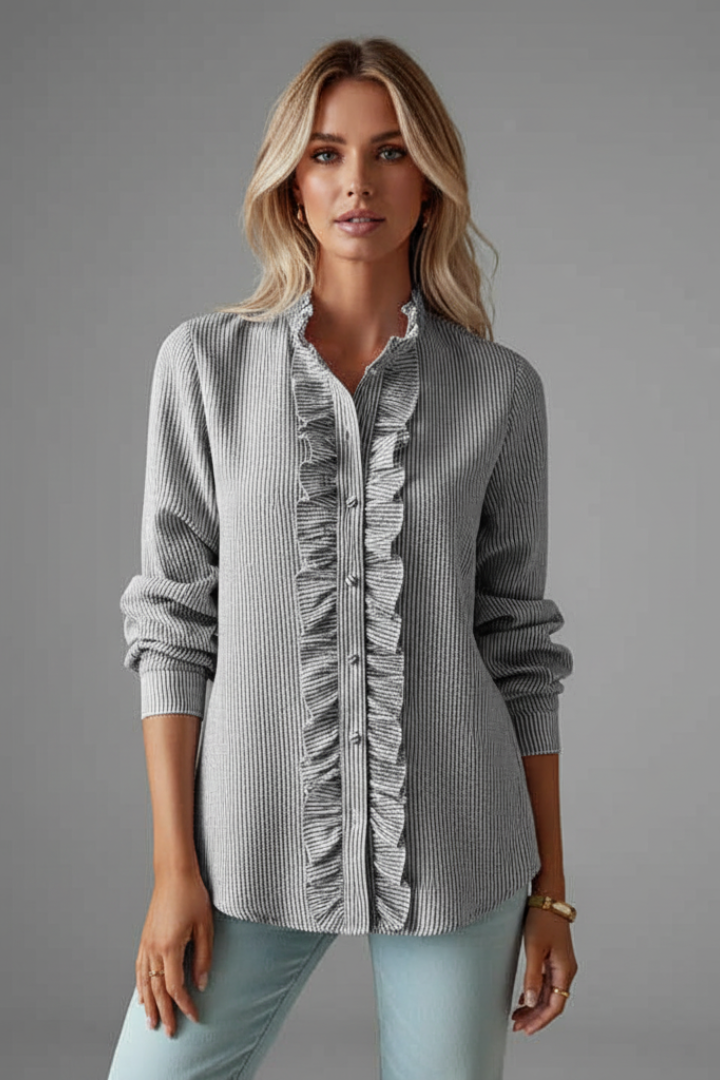 Women's Blouse with Ruffled Placket and Long Sleeves