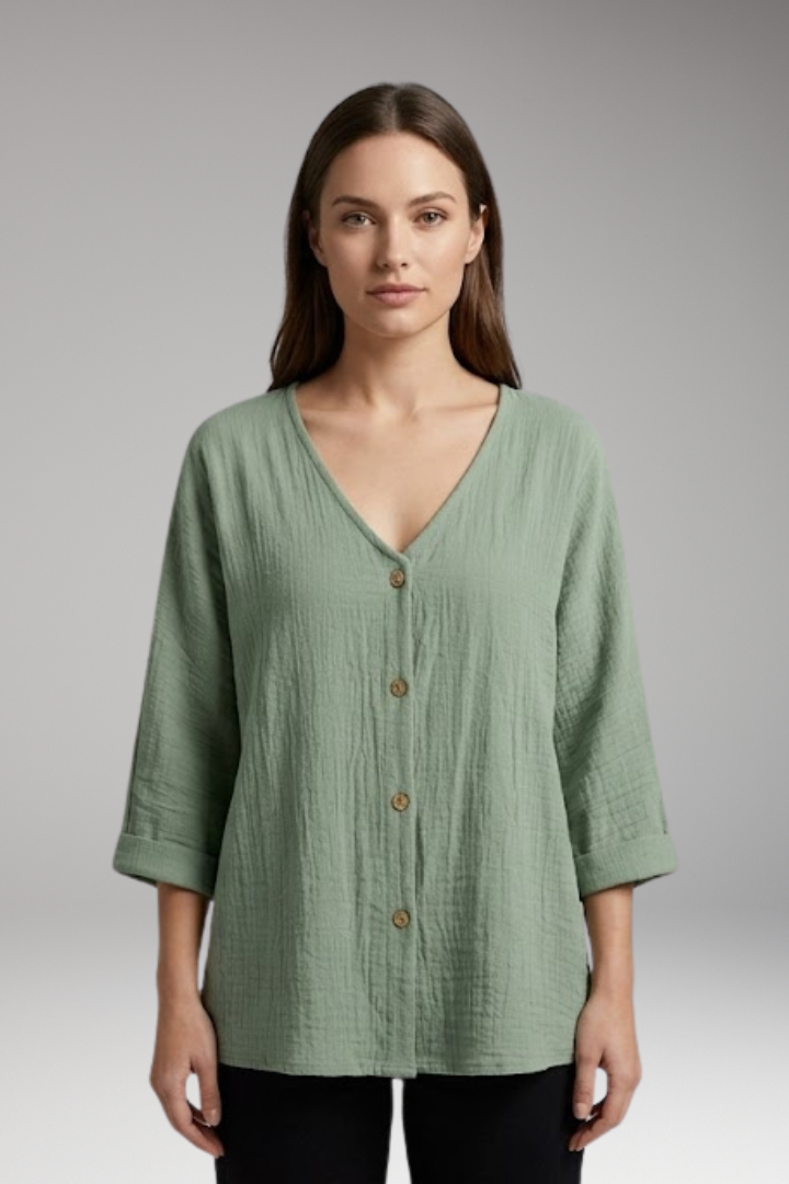 Women's Blouse with V Neck and Button Closure