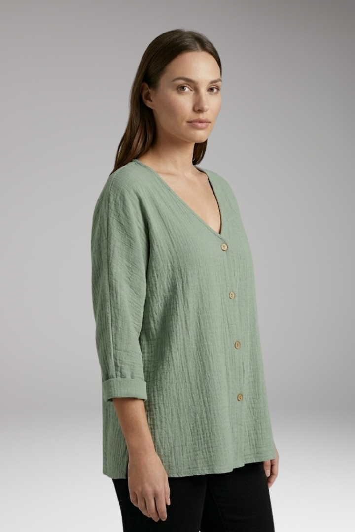 Women's Blouse with V Neck and Button Closure