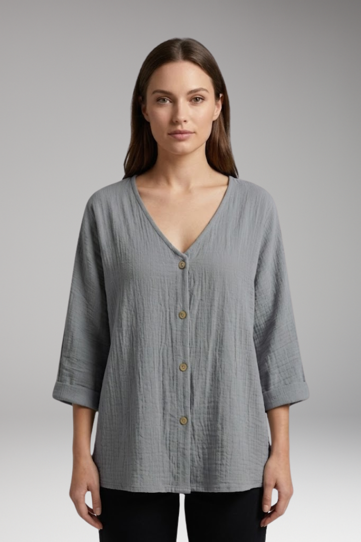 Women's Blouse with V Neck and Button Closure